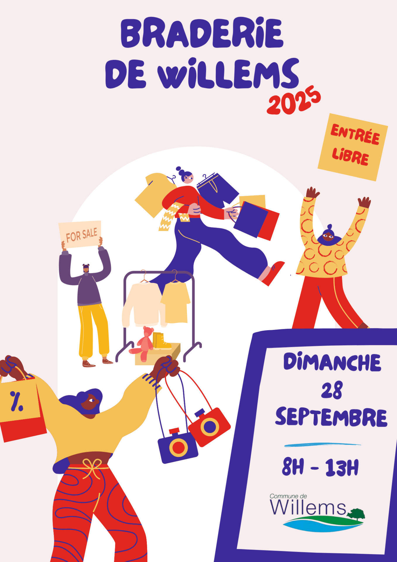 Flyer evenement braderie marche moderne illustratif colore rose violet jaune 1